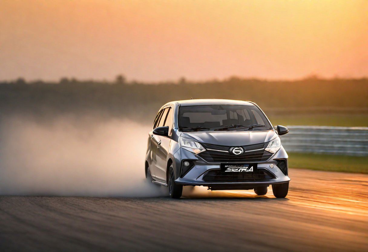 Daihatsu Sigra,Toyota Calya,countersteering,sliding,(real photo:1.4),EasyNegativeV2,highspeed,motionblurbackground, RAW Photo, Early Morning, Dawn, Drifting, Race Track