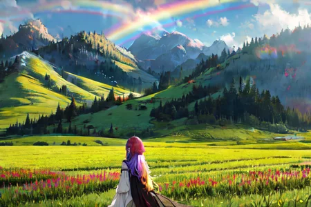 (otherworldly), highly insanely detailed, masterpiece, top quality, best quality, highres, 4k, 8k, RAW photo, (very aesthetic, beautiful and aesthetic), farm, fields, barn, fence, fantfa, <lora:FantasyFarm-10:0.7>, 
1girl, 
(rainbow-colored hair ,multi_color_hair,multicolored hair,multi colored hair,streaked hair), 
(dark background),âââ