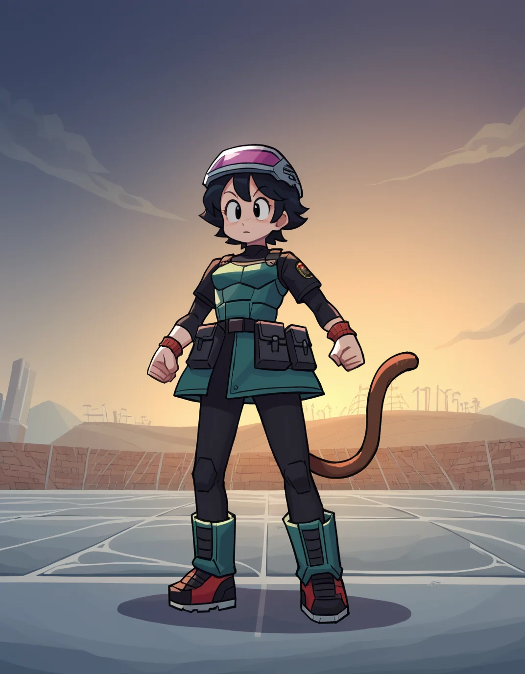 zPDXL, score_9, score_8_up, score_7_up, source_anime, 1girl, solo, absurdres, 4k, <lora:anapijama:0.8> anapijama, <lora:Parsleah_v1:0.8> parsleahbase, black hair, short hair, black eyes, (monkey tail), small breasts, brown tail,, :\3, outstretched_hand, futuristic soldier wearing Electromagnetic pulse chest armor with EMP pulse emitter, EMP resistant tactical suit with magnetic shielding, neural interface helmet with EMP countermeasures, EMP pulse generator wristband, Tactical energy sword with variable blade length and plasma edge