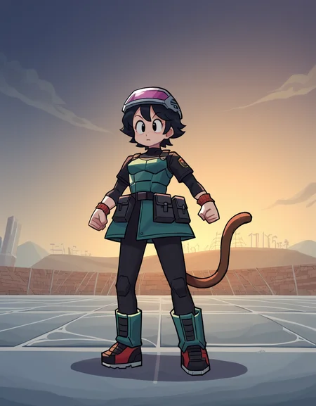 zPDXL, score_9, score_8_up, score_7_up, source_anime, 1girl, solo, absurdres, 4k, <lora:anapijama:0.8> anapijama, <lora:Parsleah_v1:0.8> parsleahbase, black hair, short hair, black eyes, (monkey tail), small breasts, brown tail,, :\3, outstretched_hand, futuristic soldier wearing Electromagnetic pulse chest armor with EMP pulse emitter, EMP resistant tactical suit with magnetic shielding, neural interface helmet with EMP countermeasures, EMP pulse generator wristband, Tactical energy sword with variable blade length and plasma edge