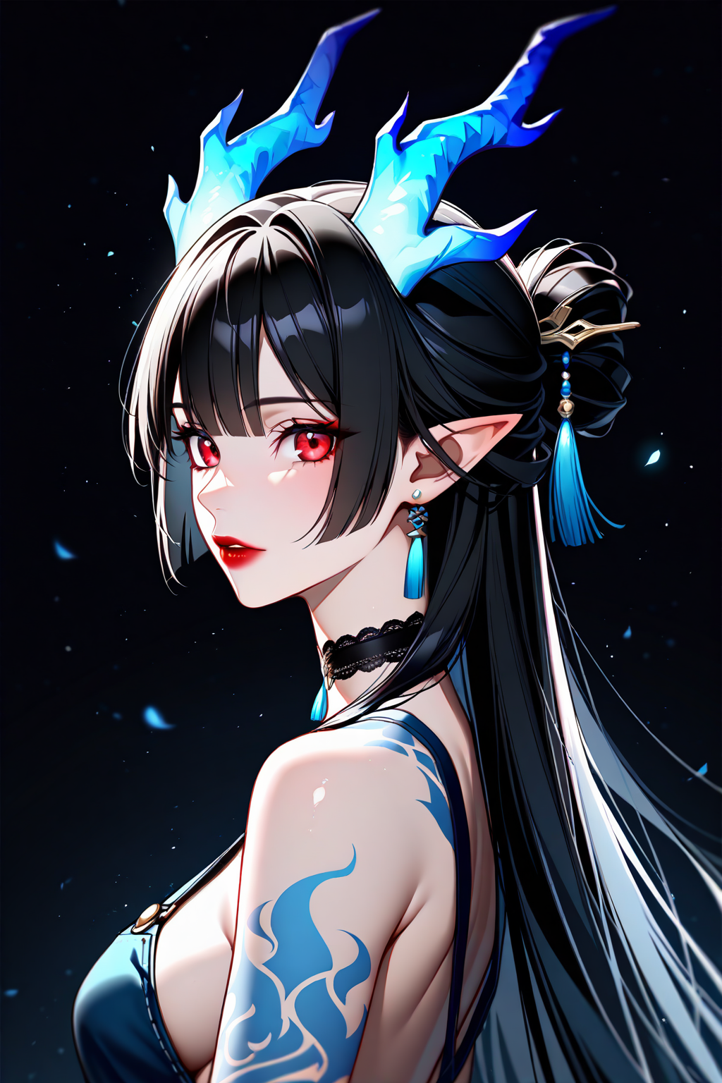 A captivating digital artwork presents a solitary female figure, rendered in exquisite detail and high resolution. The subject, a "dragon girl", is depicted from the side, her upper body gracefully turned towards the viewer. Her features include long, flowing black hair adorned with a blue flower and glowing dragon horns, framing a face with striking red eyes and parted, red lips. Pointy ears and delicate tassel earrings add to her ethereal appearance. She has a tattoo on her shoulder. Her bare shoulders and medium breasts are subtly suggested, while a black choker accentuates her neck. The composition is set against a black background, with light particles and blue fire emanating from her mouth, creating a mesmerizing effect. The overall aesthetic is a blend of fantasy and elegance, executed with "masterpiece" quality.