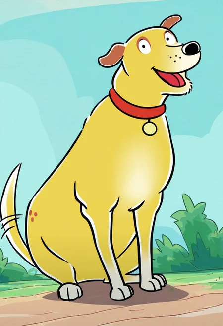 score_9, score_8_up, score_7_up, solo, looking at viewer, mrthaspks, dog, yellow fur, brown ears, black nose, red collar, canine, feral, black eyes, round eyes, playful pose, happy, panting, open mouth, tongue out, tail wagging, (waist up),  close up, full body, low angle, dutch angle
BREAK
backyard, blue sky, blurry background