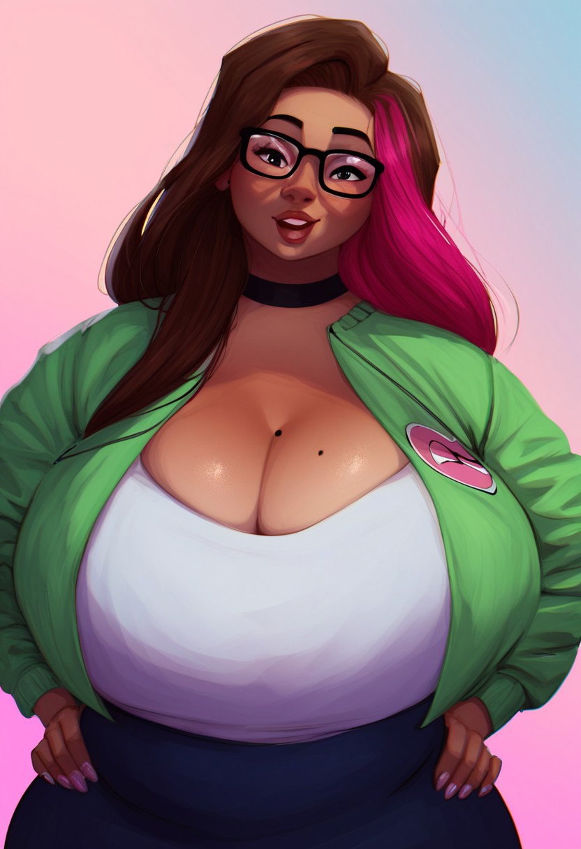 score_9, score_8_up, score_7_up,just one plan,only one female,1girl,sole female,hd,masterpiece,high definition,kingdon98 style,perfect face,Alexis de la Rosa,long hair,multicolored hair,brown hair,pink hair,bbw,chubby female,dark skin,huge breasts,mole on breasts,,full body,full clothed,white short,green jacket,,close up,portrait,upper body,hands on hips,glasses,medium boddy