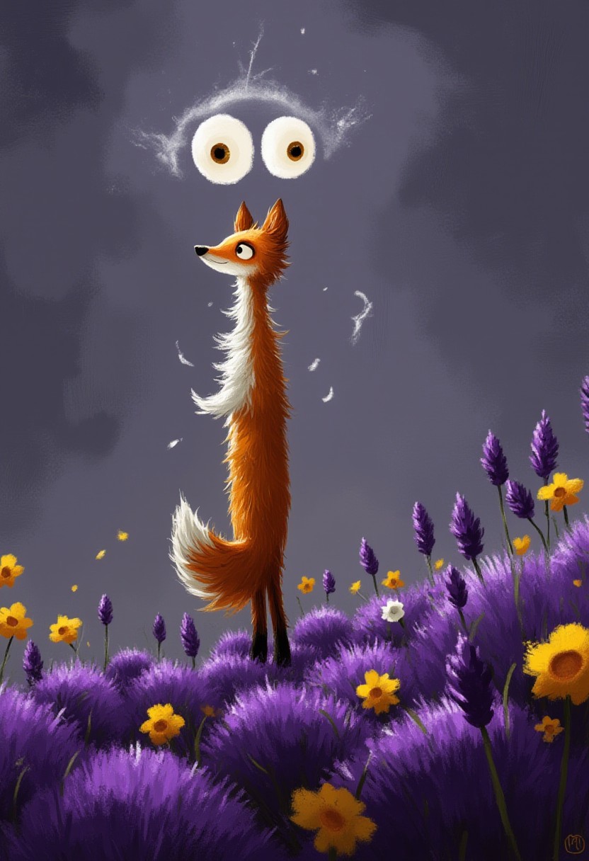 A whimsical illustration of a headless lanky fox in dark whimsical art style, its elongated neck ending in an elegant ruffle of fur instead of a head, standing gracefully in a field of purple lavender and yellow daffodils, digital painting with expressive brushstrokes showing each detailed strand of bristly orange fur, misty twilight background, characteristic Tim Burton inspired design with two floating, disembodied enormous amber eyes hovering where its head should be, connected to its body by trailing wisps of spectral energy.