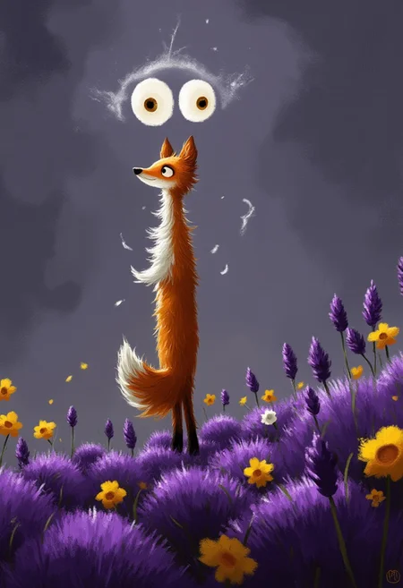 A whimsical illustration of a headless lanky fox in dark whimsical art style, its elongated neck ending in an elegant ruffle of fur instead of a head, standing gracefully in a field of purple lavender and yellow daffodils, digital painting with expressive brushstrokes showing each detailed strand of bristly orange fur, misty twilight background, characteristic Tim Burton inspired design with two floating, disembodied enormous amber eyes hovering where its head should be, connected to its body by trailing wisps of spectral energy.