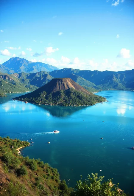 Taal Volcano and Lake at Midday
"Taal Volcano rises in the center of its tranquil lake, bathed in the bright midday sun. The deep blue waters shimmer under the sunlight, reflecting the surrounding mountains. A small boat glides across the lake, leaving ripples behind, while the lush greenery around the crater contrasts with the clear blue sky above."
