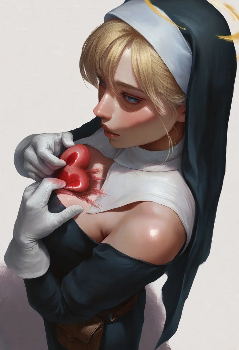 Femmes_ST, masterpiece, best quality, very aesthetic, high resolution, ultra-detailed, absurdres, newest, extremely detailed eyes, realistic, ((from above:2.5)),((from side:2.5)),,,((Woman ripping out her own heart:2.1)),,,A woman, She is wearing a black nun's habit with a white collar, a brown leather belt with a small satchel, and white gloves. Her long blonde hair is styled loosely, and she has striking blue eyes. Her facial expression is serious and somewhat pensive. She is portrayed in a seated pose, her legs slightly apart, with a dynamic and somewhat powerful stance. Surrounding her are swirling, electric-blue energy effects that splatter across the white background. A golden halo is visible behind her head. She is centrally positioned, facing the viewer with a slight three-quarter angle, presenting a slightly low perspective.Crosses are prominently displayed on her clothing and accessories.