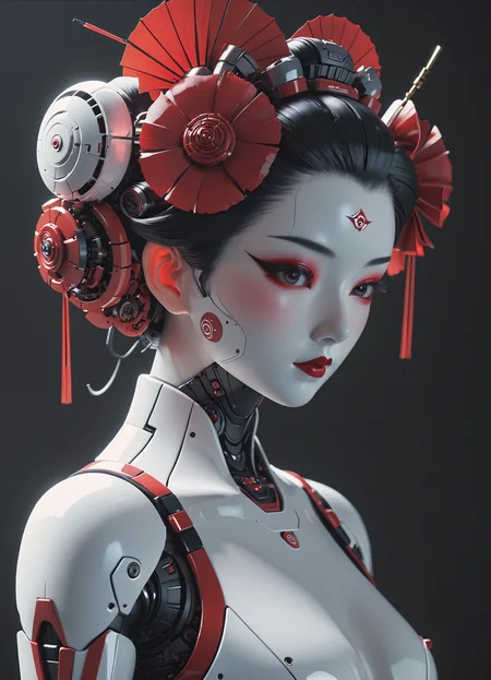 biomechanical style Japanese geisha beautiful image wallpaper, in the style of joel robison, infused with biomechanical parts, light white and dark crimson, samyang af 14mm f/2. 8 rf, classical figurative realism, 500â1000 ce, sculpted, anime-influenced <lora:sss:0.8> <lora:Channel_42:0.8> *Channel_42* <lora:MJ52:0.3> <lora:sdxl:0.38>, subsurface scattering, Photorealistic, Hyperrealistic, analog style, realistic, film photography, soft lighting, heavy shadow, detailed skin texture, (blush:0.5), (goosebumps:0.5), subsurface scattering . blend of organic and mechanical elements, futuristic, cybernetic, detailed, intricate