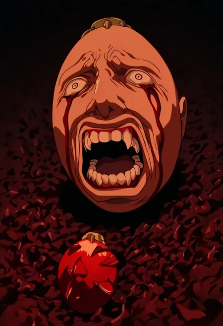 masterpiece, best quality, newest, absurdres, highres,
anime, anime style, berserk
BBH/EOK-V1.0-awoken, blood from eyes, screaming, teeth, shouting, wide-eyed, behelit, jewelry, bald, BBH/EOK-V1.0-base, behelit, jewelry, fruit, apple, egg