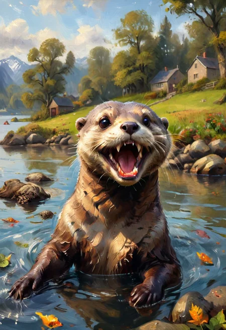 "A fisheye photo creating a circular and humorous composition." 
 Trending on Artstation. Hyper-realistic, 16k resolution, intricate details.
(masterpiece, award winning artwork)
many details, extreme detailed, full of details,
Wide range of colors, high Dynamic
 <lora:add-detail-xl:1> 
<lora:xl_more_art-full_v1:0.28>
 <lora:RMSDXL_Creative:0.25>
 <lora:RMSDXL_Darkness_Cinema:0.3>
 <lora:ral-ertmsphr:0.18> ral-ertmsphra painting of an otter with its mouth open, popular on art station, laughter and screaming face, the artist has used bright, by Peter Rockwell, digital photo, exaggerated expression, close to the camera, cheerful, whiskers, smiling at the viewer, by Suzy Rice, 16k hyper-detailed, high quality illustration, high resolution