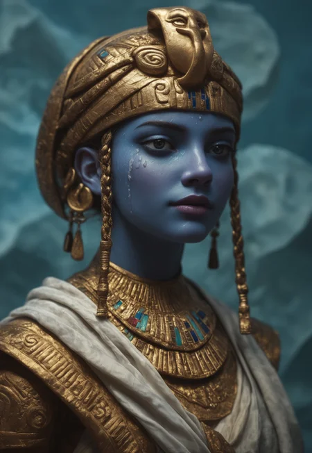 masterpiece, best quality, highly detailed, score_9, score_8_up, score_7_up, Expressiveh,
Envision a close-up portrait of a female figure wrapped in ancient, hieroglyph-covered cloth, surrounded by a cold, polygonal blue background. The fabric is aged, with cobwebs adorning its edges, and each hieroglyph is meticulously detailed, adding layers of mystery to the figure. Only their eyes are visible, emanating an otherworldly presence that contrasts sharply with the sharp, crystalline facets of the background. The blue gradient ranges from icy whites to deep navy, giving a sense of an endless, frozen landscape. The detailed textures of the fabric and the clarity of the background facets make the scene feel tangible, as if the figure were a relic preserved within a digital prism. This fusion of ancient and modern aesthetics invokes a haunting and futuristic atmosphere, a glimpse into a world where the past is locked within an icy, geometric void.
<lora:Dynamic Poses:1>
<lora:detailed_notrigger:1>
(((full clothed))),