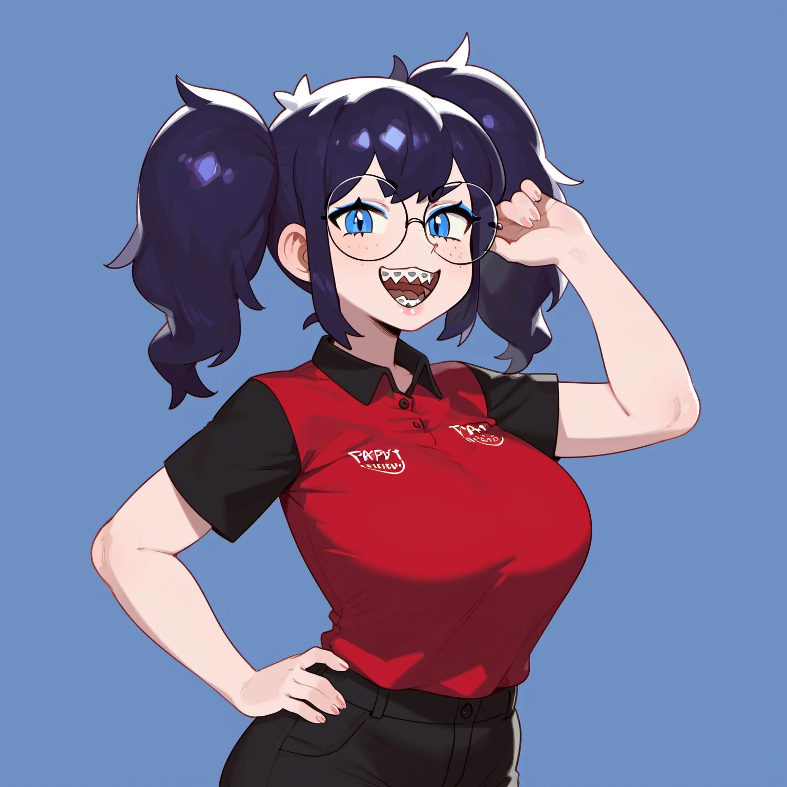 t1ps woman, twintails, glasses, blue eyes, t1ps teeth, braces, pt shirt, black pants <lora:tips_r128_02_resized:1>