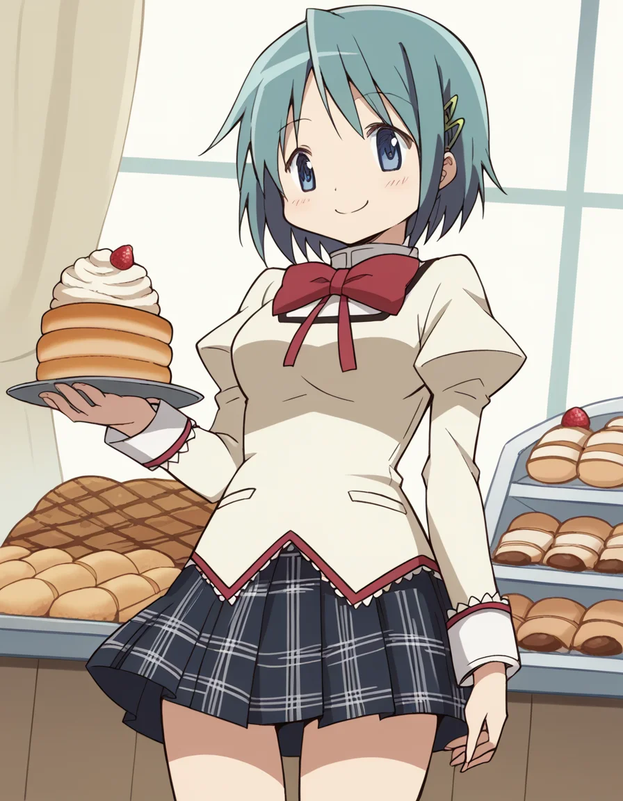 score_9, score_8_up, score_7_up, source_anime, <lora:sayaka-miki-s1-ponyxl-lora-nochekaiser:1>, sayaka miki, short hair, blue eyes, hair ornament, blue hair, hairclip, medium breasts,, skirt, school uniform, mitakihara school uniform, puffy sleeves, plaid skirt, pleated skirt, bowtie, red bowtie, bakery, bread, pastries, sweets,, , <lora:seductive-smile-ponyxl-lora-nochekaiser:1>, seductive smile, come hither, naughty face,, looking at viewer, solo,, dutch angle, cowboy shot