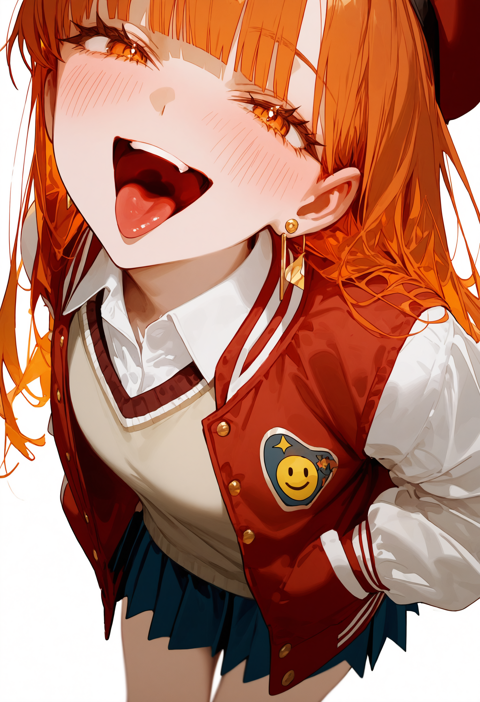 masterpiece, best quality, newest, absurdres, highres, very awa, anime screencap, film grain, limited palette, no lineart, sketch, ambient occlusion, depth of field, simple background, c2Fn, eye focus, painting \(medium\), 1girl, letterman jacket, orange hair, jacket, long hair, skirt, smile, looking at viewer, pleated skirt, hands in pockets, solo, jewelry, shirt, orange eyes, emoji, open mouth, blush, earrings, white shirt, blue background, red jacket, >_<, long sleeves, collared shirt, tongue, open jacket, open clothes, star \(symbol\), sweater, cowboy shot, smiley face, simple background, sweater vest, :d, leaning forward, blue skirt, tongue out, brown eyes, no lineart, profile