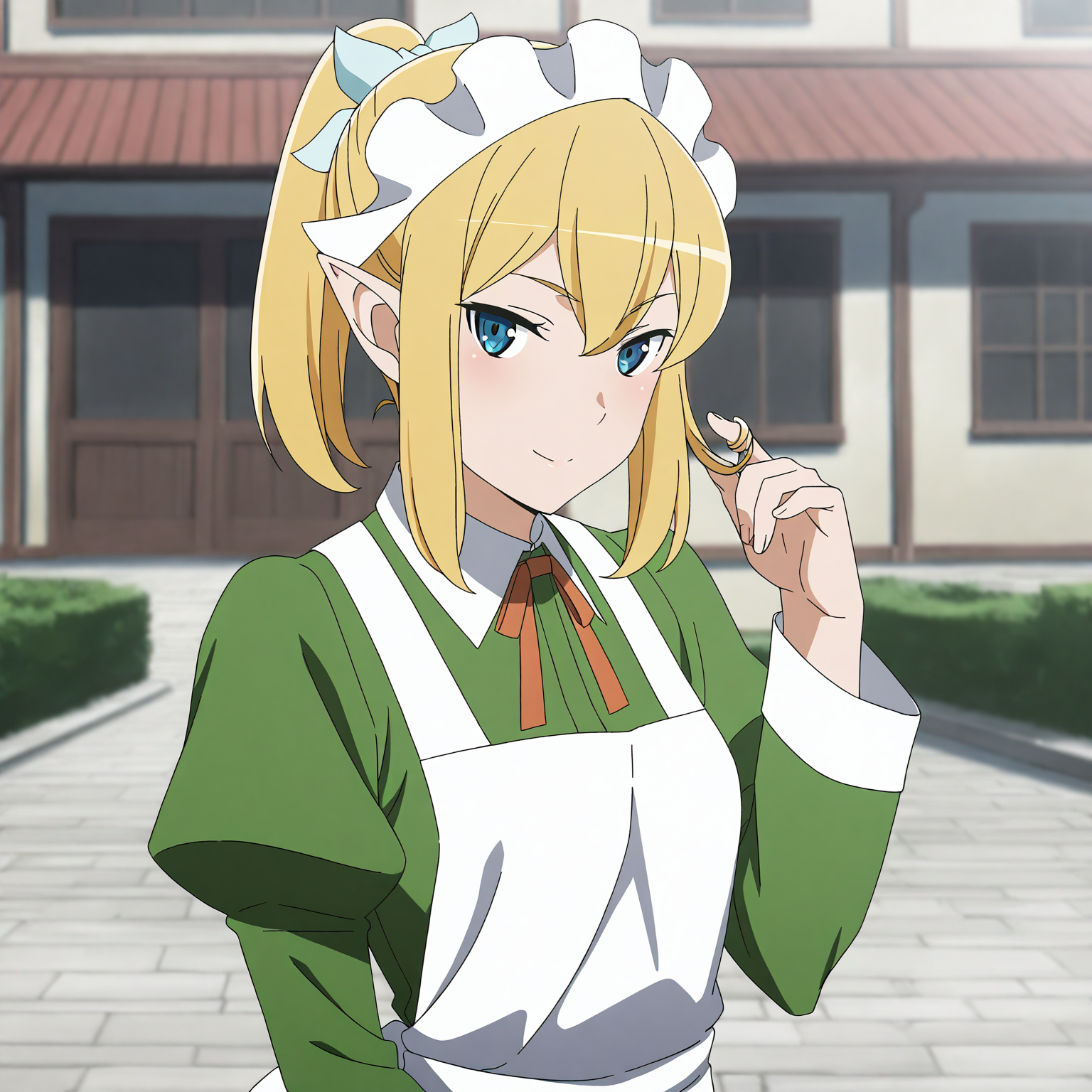 <lora:Ryu-000018:0.7>Ryu,solo,looking at viewer,blonde hair,ponytail,enmaided,maid headdress,light blush,seductive smile,hair twirling,upper body,outdoors,