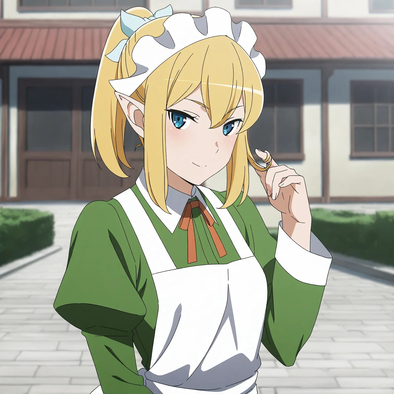 <lora:Ryu-000018:0.7>Ryu,solo,looking at viewer,blonde hair,ponytail,enmaided,maid headdress,light blush,seductive smile,hair twirling,upper body,outdoors,