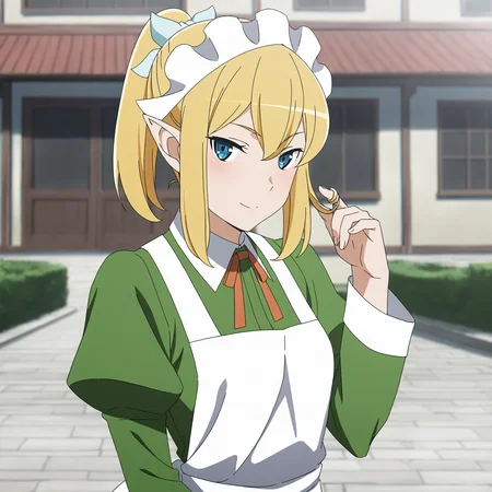 <lora:Ryu-000018:0.7>Ryu,solo,looking at viewer,blonde hair,ponytail,enmaided,maid headdress,light blush,seductive smile,hair twirling,upper body,outdoors,