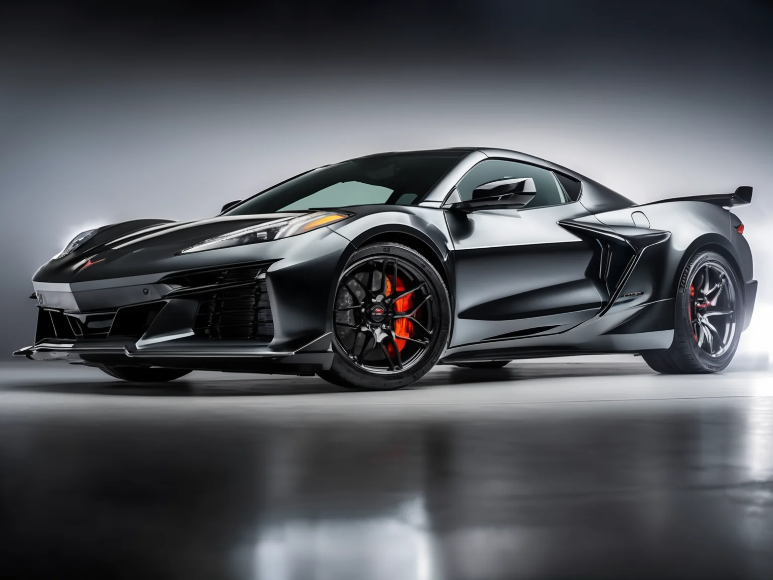 a professional closeup photo of cvttz06 car complete car, studio background, spot lights, rim light, windows casting light, foggy, reflective concrete floor, 8k, uhd, sublime, breathtaking , specular highlights <lora:cvttz06_car_t12_SDXL-000010:0.7>