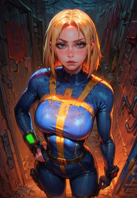 score_9, score_8_up, score_7_up, 1girl, solo, darkness, night, low light, Fallout, vault girl, vault suit, blonde hair, holster, slim fit, hand on hips, above view, cowboy shot