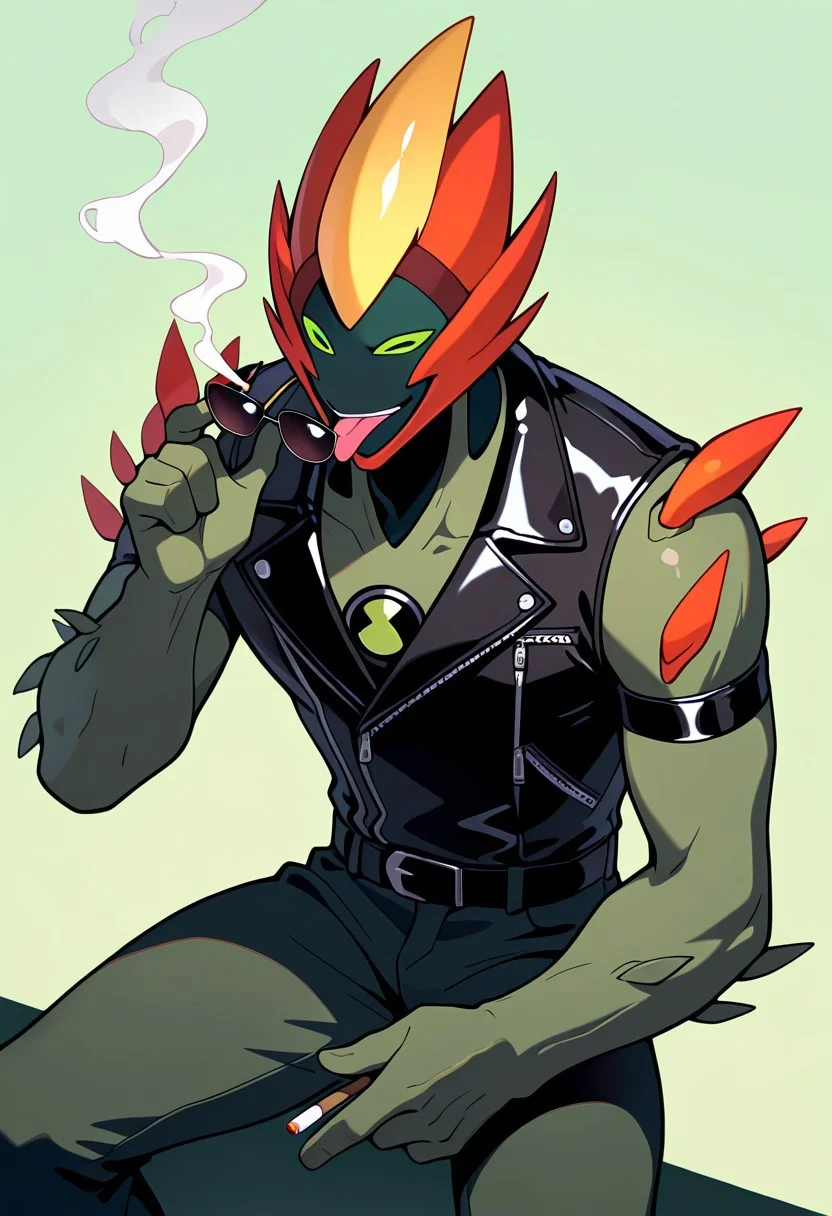 masterpiece, best quality, amazing quality, very aesthetic, absurdres, newest,
swampfire, colored skin, spikes, colored sclera, 1boy, green skin, green eyes, pokemon (creature), shoulder spikes, no humans, green background,
finger guns, leather jacket, sunglasses, pulling sunglasses, tongue out, smile, cigarette, smoking,