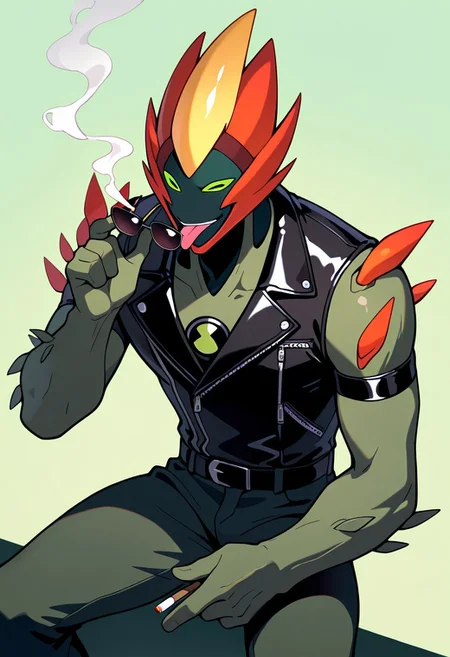 masterpiece, best quality, amazing quality, very aesthetic, absurdres, newest,
swampfire, colored skin, spikes, colored sclera, 1boy, green skin, green eyes, pokemon (creature), shoulder spikes, no humans, green background,
finger guns, leather jacket, sunglasses, pulling sunglasses, tongue out, smile, cigarette, smoking,