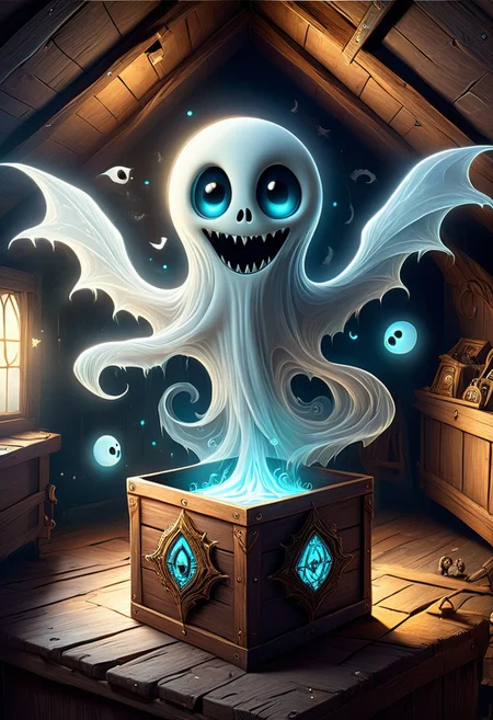 Monster in a box, high quality, masterpiece, cute ghost in a otherworldly themed box design, old dingy attic room, elaborate fantasy style art, intricate details, ultra sharp, backlit, exquisite detail <lora:Monster_in_a_Box_SDXL:1>