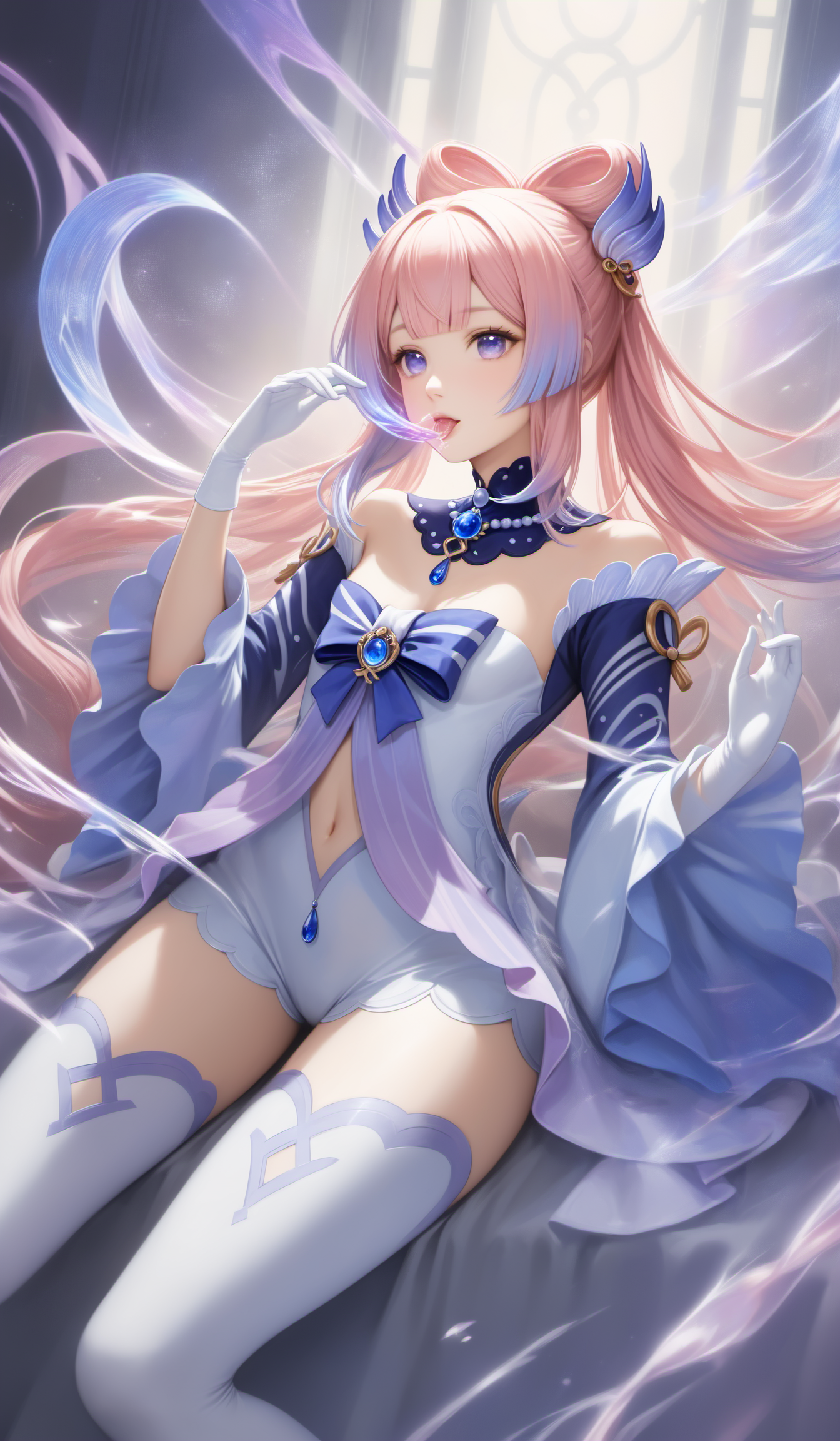 (genshin impact)kokomi sangonomiya, long hair, bangs, hair ornament, purple eyes, pink hair, sidelocks, multicolored hair, blunt bangs, gradient hair, bow-shaped hair,thighhighs, gloves, long sleeves, bow, frills, detached sleeves, shorts, white gloves, wide sleeves, bowtie, white thighhighs, frilled sleeves, vision \(genshin impact\),
(Best quality,masterpiece,absurdres,ultra realistic:1.4),(Rococo:1.4),(close portrait:1.3),(((photo raw)),),peerlessly , beautiful detailed eyes,(see-through_clothing),(Elegant),shine,glowing,sparkling,energy coalescing and vibrating,(dynamic angle,dynamic pose),whole_body,lie_down,nsfw, topless, nude,charming,alluring,seductive,enchanting,cleavage,exposed,(Dream_wave:1.22),
(Around floating colorful sparkles:1.4)the most beautiful form of chaos,(rectangle:1.4),(colorful herbs:1),
naked young woman (licking penis, cum:1.4)  in the kitchen ,  (small breasts:1.3) ,