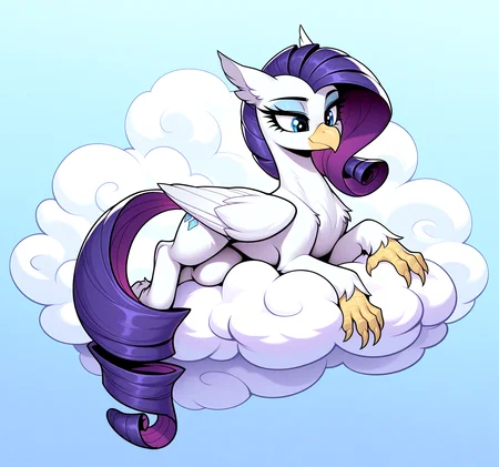 masterpiece, best quality, very aesthetic <lora:MLP-Hippogriff_Illustrious:0.7> hippogriff, classical hippogriff, wings, feral, my little pony, beak, claws, hooves, Rarity, lying on a cloud, at golden oaks library, folded wings, indifferent