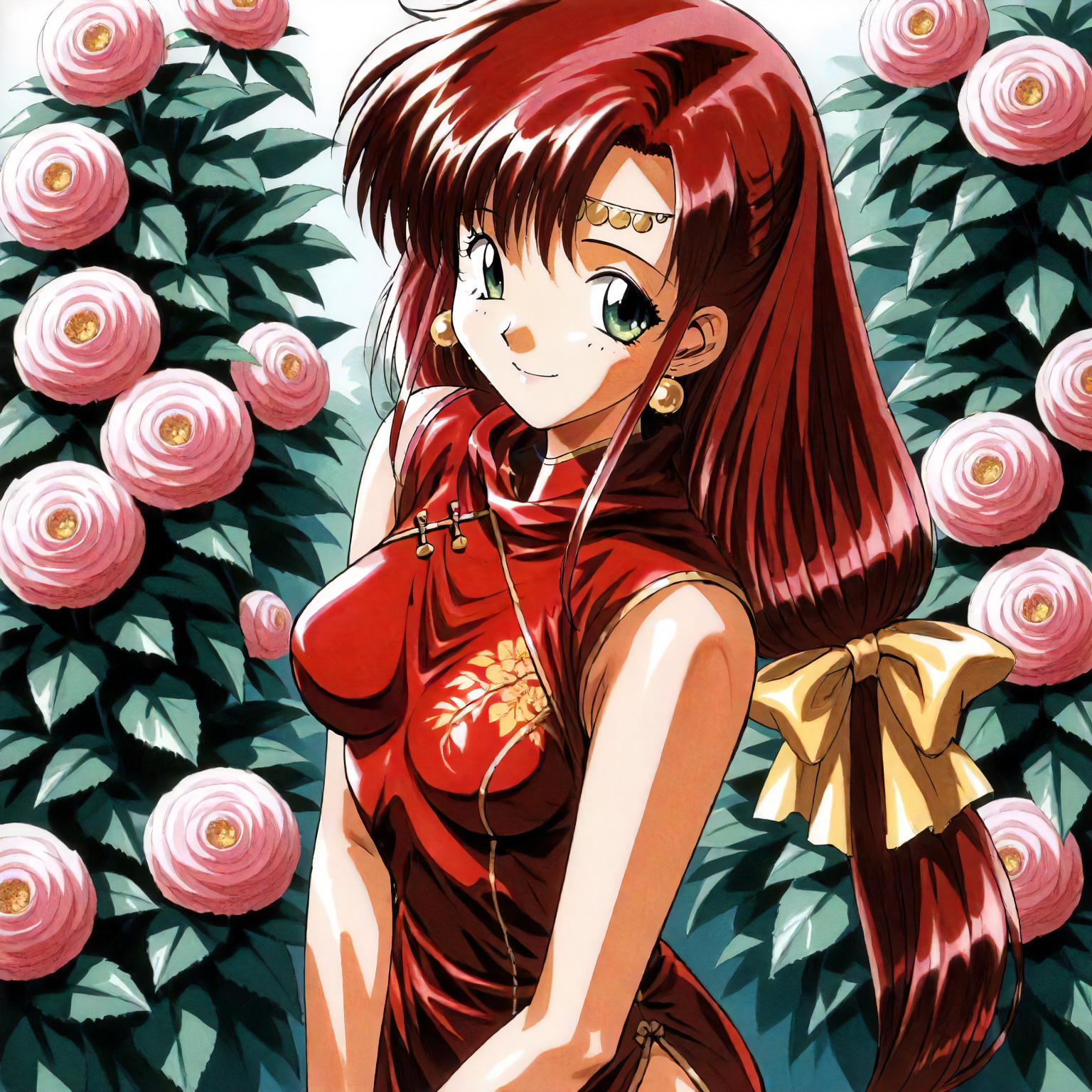 <lora:RC_elenoa_ranXLanimagine001>,
masterpiece,high score,great score,absurdres,
flower background,glitter,
smile,
looking at viewer,
solo,
anime coloring,retro artstyle,1990s (style),
elenoa_ran\(rance_series\),1girl,red hair,circlet,low-tied long hair,hair_bow,green eyes,earrings,
cowboy shot,standing,
print_cheongsam,china_dress,red dress,sleeveless,
