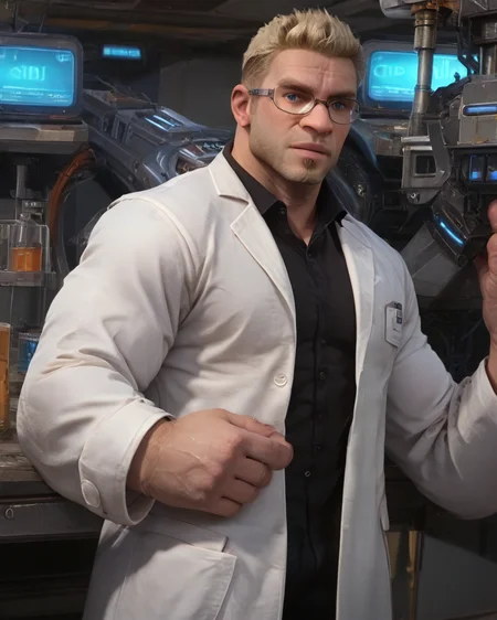 1man, male, damon_baird, lab coat, black shirt, glasses, (lab, machinery), blonde hair, looking at viewer, muscular, blue eyes, beard <lora:Damon_Baird_PonyXL-13_Test:0.9>, score_9, score_8_up, score_7_up,