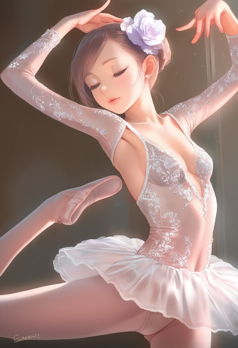 masterpiece, best quality, 1girl, solo, hair flower, ballerina, arabesque \(pose\), closed eyes<lora:1equals2_v1_5_noob:1.0>
