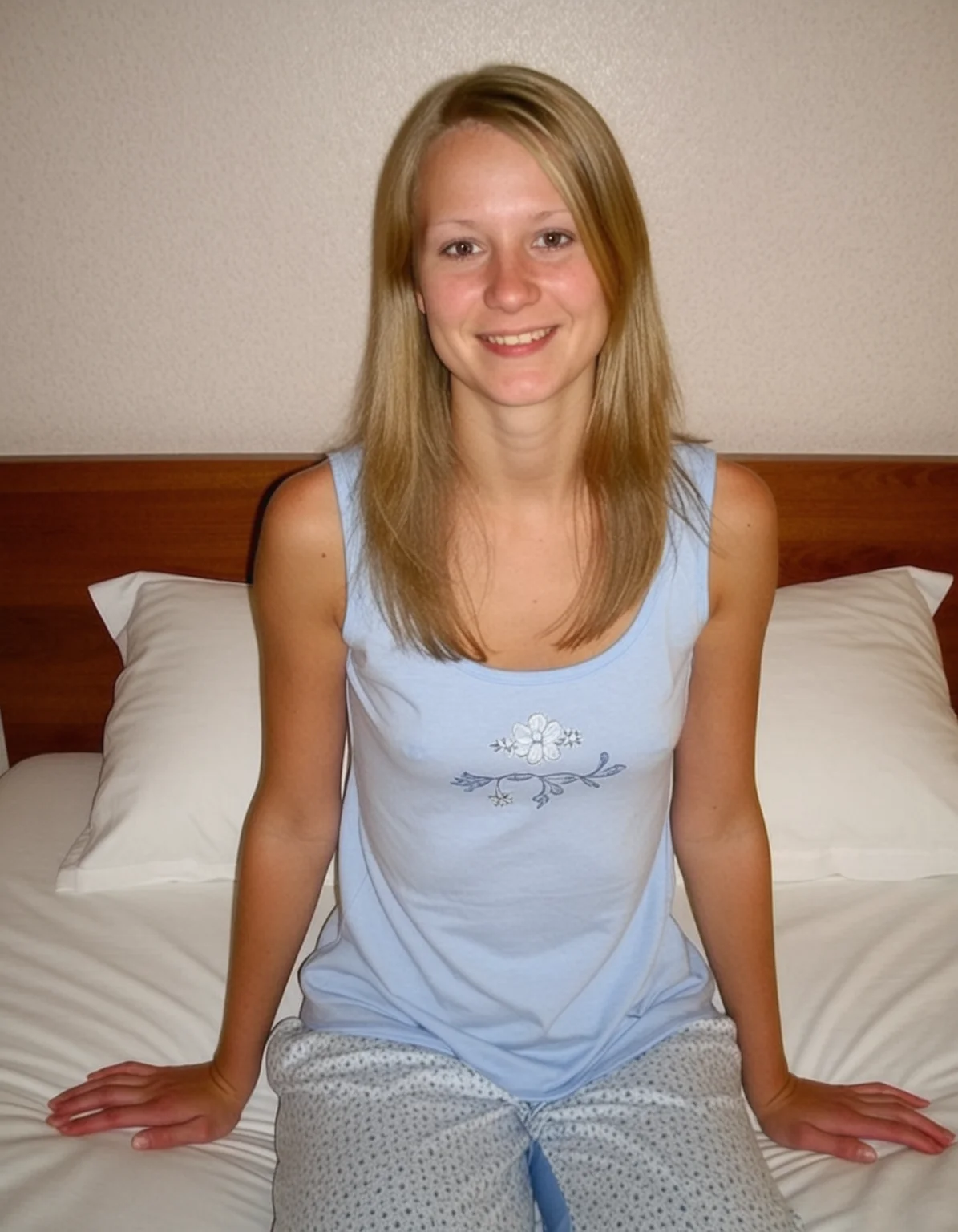 woman, sitting in bed, hands on thighs, finnish, 20 years old, natural, smile, dark blond hair, small breasts, plain light blue sleeveless pajamas, plain bedroom <lora:dmd2_sdxl_4step_lora_fp16:1.0> <lora:subtle-realness-xl1:0.25>
