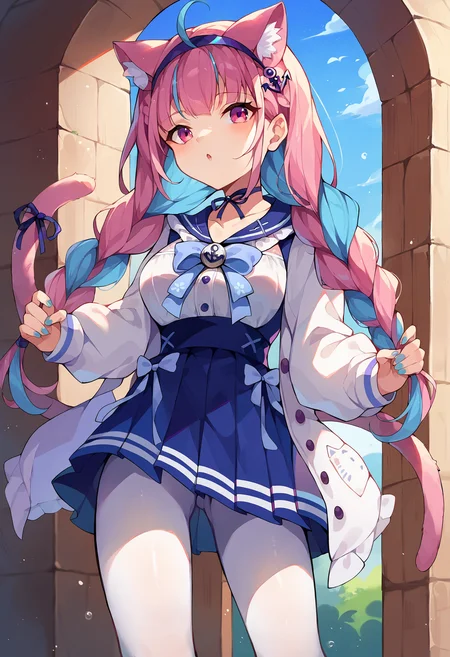 score_9, score_8_up, score_7_up, uncensored, source_anime, 1girl, <lora:spminatoAquaXLPony:1> aquasai, long hair, twintails, braid, twin braids, ribbon choker, blue choker, blue hairband, anchor hair ornament, blue sailor collar, white shirt, long sleeves, high-waist skirt, blue skirt, pleated skirt, white jacket open jacket, blue bow, blue ribbon, anchor symbol, white pantyhose, blue nail polish, blue nails, cat girl, cat ears, cat tail, animal ear fluff, tail ribbon