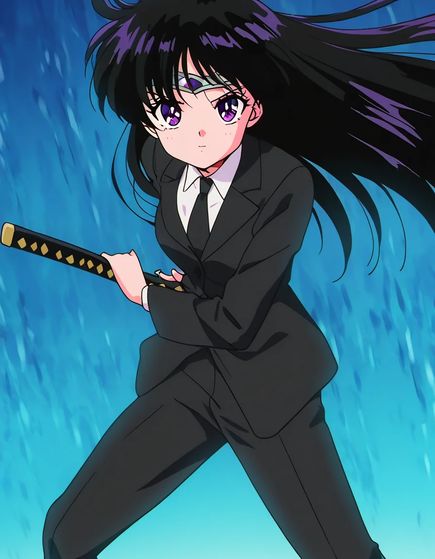 masterpiece, best quality, newest, absurdres, highres, safe,, <lora:rei-hino-s3-ponyxl-lora-nochekaiser:1>, rei hino, black hair, diadem, long hair, purple eyes, parted bangs, medium breasts, anime screencap, <lora:battoujutsu-stance-illustriousxl-lora-nochekaiser:1>, battoujutsu stance, looking at viewer, holding, weapon, sword, holding weapon, holding sword, standing, katana, sheath, sheathed, fighting stance, ready to draw, shirt, long sleeves, jacket, white shirt, necktie, collared shirt, pants, black jacket, floating hair, black pants, formal, suit, black necktie, black suit, pant suit,, ,