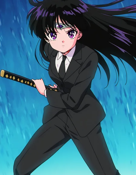 masterpiece, best quality, newest, absurdres, highres, safe,, <lora:rei-hino-s3-ponyxl-lora-nochekaiser:1>, rei hino, black hair, diadem, long hair, purple eyes, parted bangs, medium breasts, anime screencap, <lora:battoujutsu-stance-illustriousxl-lora-nochekaiser:1>, battoujutsu stance, looking at viewer, holding, weapon, sword, holding weapon, holding sword, standing, katana, sheath, sheathed, fighting stance, ready to draw, shirt, long sleeves, jacket, white shirt, necktie, collared shirt, pants, black jacket, floating hair, black pants, formal, suit, black necktie, black suit, pant suit,, ,
