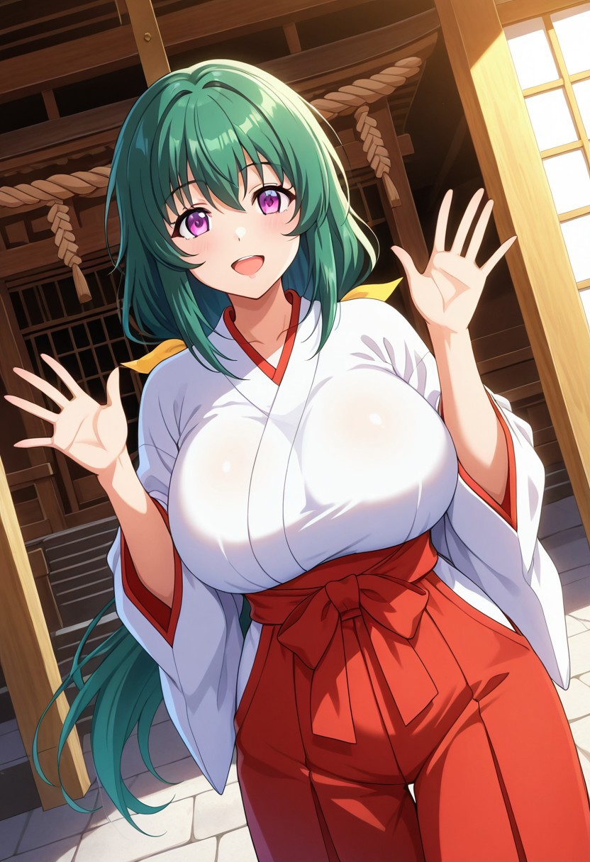 general,highres, ultra-detailed,very aesthetic,best quality ,best hands,best eyes,easynegative,
dynamic anglre, dutch angle, anime cloring,
1girl solo,looking at viewer,indoors,shrine,smile,open mouth, waving hand,cowboy shot,
Sachie HAYAKAWA,green hair, long_hair, hair ribbon, yellow ribbon, huge_breasts, purple eyes,miko costume