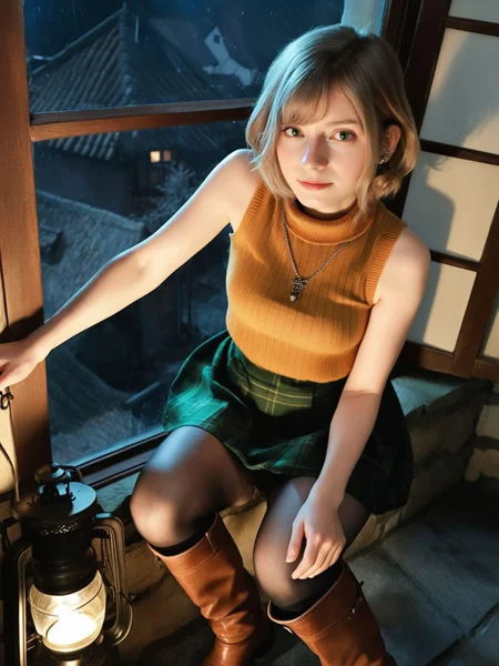 realistic,photo,sleeveless turtleneck,cinematic,
<lora:Ella_Freya_v1_biglust:1>(ellfrya:1.2),adult,ashl hair,pantyhose,long brown boots,green skirt,
none,night,inside,village outside window,holding small  vintage lantern,from above,pose, best quality,