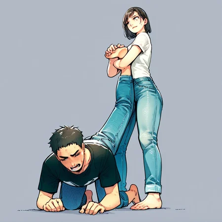 score_9, score_8_up, score_7_up, source_anime, 1girl, 1boy, femdom, girl standing, grabbing his foot, submissive boy, barefoot, jeans, t shirt, simple background