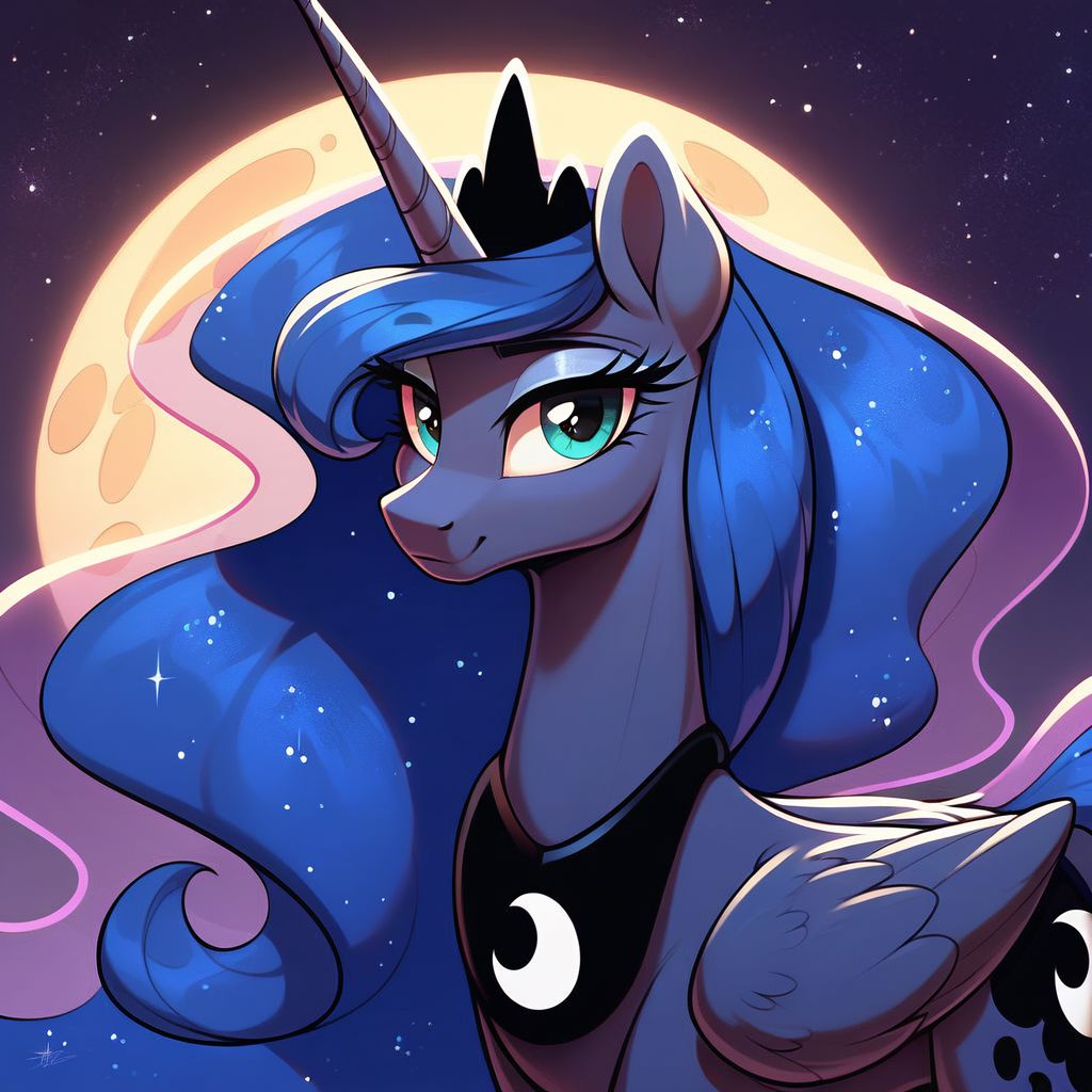 masterpiece, score_9, score_8_up, score_7_up, (best quality:1.1), ultra-detailed, high resolution, beautiful detailed eyes, Long eyelashes, Looking At Viewer, Highly Visible, 8k, Princess Luna, pony, alicorn, g4, both cutie marks, female, feral, sharp focus, beautiful, perfect lighting, beautiful eyes, anatomically correct, anatomically correct face, extremely detailed, (In the starry night sky), shine on body, high detail, proud face, Expressiveh, OverallDetail