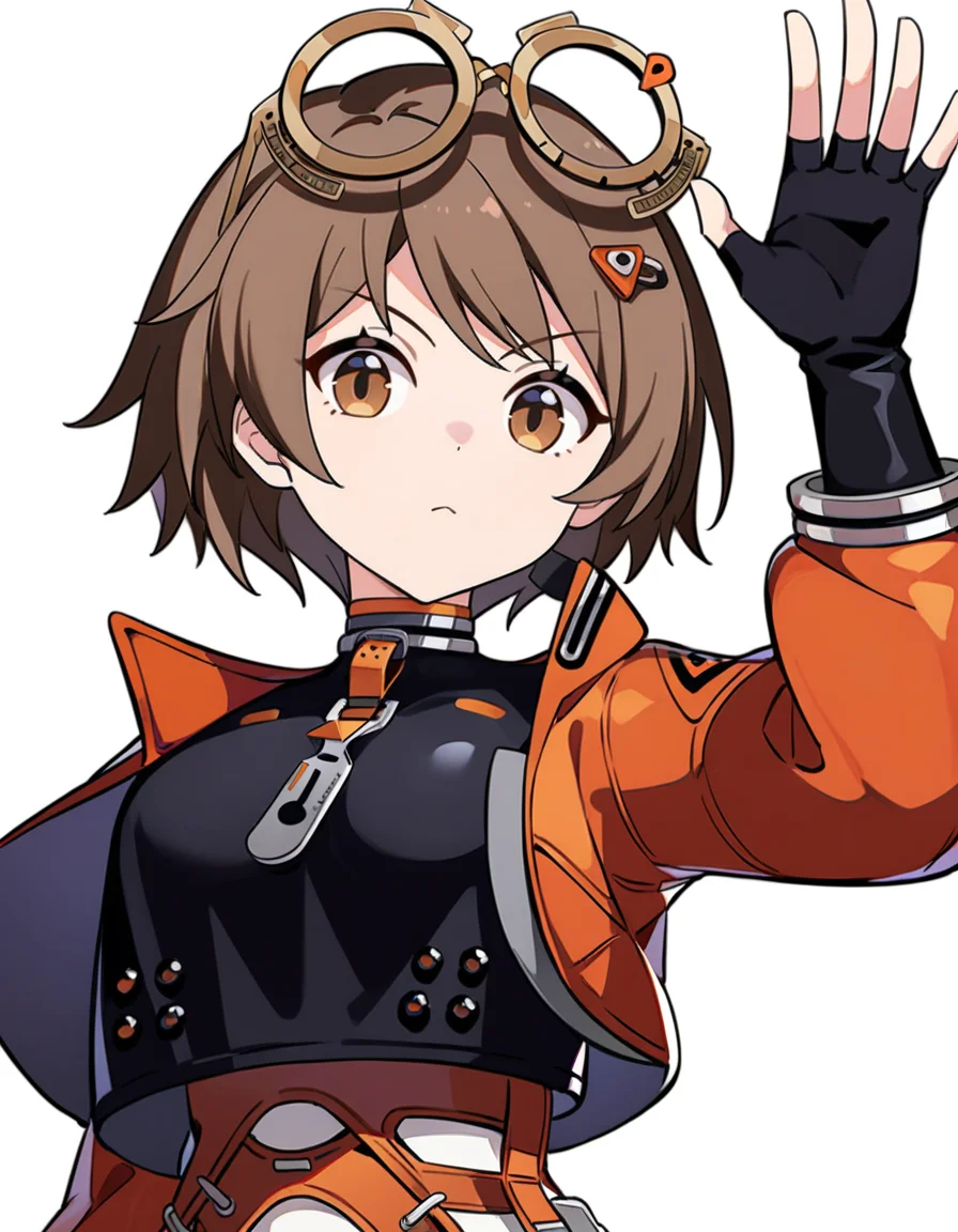 masterpiece,best quality,very aesthetic,absurdres,
<lora:qianqiu_xl:0.8>,(anotherstyle2:1.2),felllowmoon-qianqiu,1girl,solo,gloves,brown hair,black gloves,brown eyes,fingerless gloves,white background,short hair,orange jacket,upper body,goggles,simple background,looking at viewer,jacket,hair ornament,long sleeves,goggles on head,closed mouth,bangs,