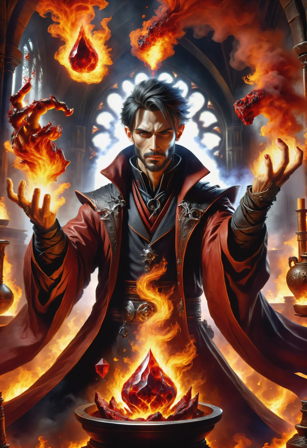hyper detailed masterpiece, dynamic, awesome quality, a male alchemist summoning pyro blood DonMM4g1cXL magic, <lora:DonMM4g1cXL_v1.2:1>, Perfect Hands, <lora:Perfect Hands:1>