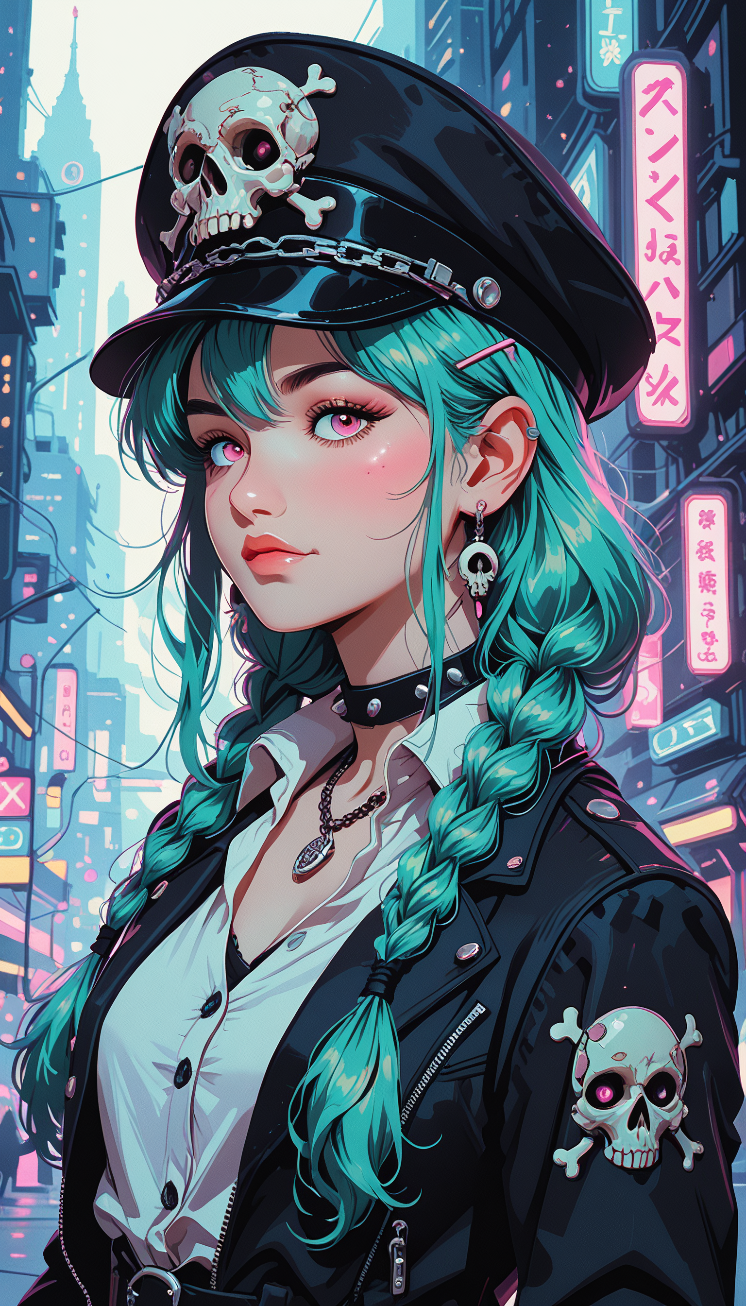 masterpiece, Shinkaistyle,
pinkretroanime, retro art,
Cyberpunk Style, cyberpunk, science fiction, hi tech, future tech, neon, (Cybernetics:1.25), (Neon Cityscape:1.4), (lineless:1.5), smooth edges, (lighten the face:1.5), tall body, slender body, fit body, long legs, The image showcases a beautifully crafted anime-style illustration of a female character with striking features. Her hair, styled in long, flowing locks, is dyed a vibrant shade of green that contrasts sharply with her black outfit, adorned with intricate silver and teal patterns. A large skull is perched atop her head, adding an edgy touch to her attire. The character's face bears a subtle frown, hinting at a thoughtful or perhaps introspective mood. She gazes off to the side with a serious expression, as if deep in contemplation. Her right hand is casually tucked into her pocket while her left hand rests gently on her hip. The background, though out of focus, suggests a futuristic or otherworldly setting with a hint of neon lights, possibly indicating a cityscape at night. The overall color palette is dark yet vibrant, creating an atmospheric ambiance that complements the character's design., 1girl, solo, long hair, breasts, looking at viewer, blush, smile, bangs, shirt, hair ornament, red eyes, hat, bow, hair between eyes, twintails, jewelry, very long hair, closed mouth, green eyes, jacket, white shirt, upper body, braid, hair bow, earrings, parted lips, green hair, open clothes, necktie, choker, collared shirt, belt, pink eyes, necklace, star \(symbol\), uniform, twin braids, collar, from side, open jacket, lips, coat, black jacket, eyelashes, dress shirt, black headwear, aqua hair, black bow, buttons, chain, black choker, piercing, cross, wing collar, letterboxed, ear piercing, peaked cap, hair over shoulder, spikes, zipper, hat ornament, skull, military hat, leather, spiked collar, leather jacket, multiple earrings, skull and crossbones, skull earrings, skull print, silver trim, skull necklace