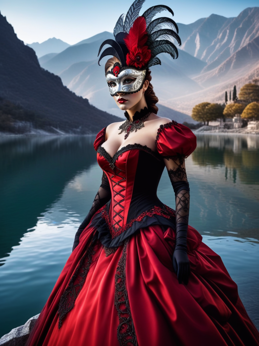 Gothic style beautiful woman wearing a red dress, (masquerade dress), <lora:masquerade_dress-XL-1.0:1>, 
brown hair Faux Hawk,
gigantic breasts,
a serene lake reflecting the surrounding mountains, . Dark, mysterious, haunting, dramatic, ornate, detailed