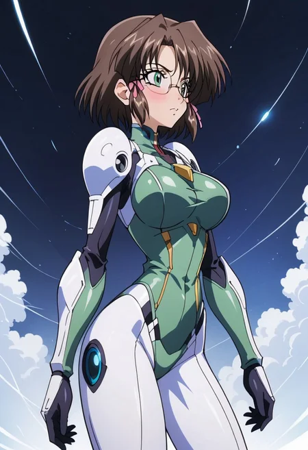 futuristic warrior girl, 1girl, <lora:RaikaKenStyle-09:1> true blue kaya, short hair, brown hair, hair ribbon, green eyes, glasses, blush, feminine, green armor, silver tech, SilverPulse, standing, holding futuristic assault riffle, defiant pose, futuristic background, neonpunk, <lora:Kaya_-_a«a¤_TRUE_BLUE_Gaiden_for_Pony:1>,1girl, breasts, solo, large_breasts, standing, one_hand_on_ground, other_hand_on_thigh, torso_twist, side_view, elegant_pose, soft_lighting, medium_angle,