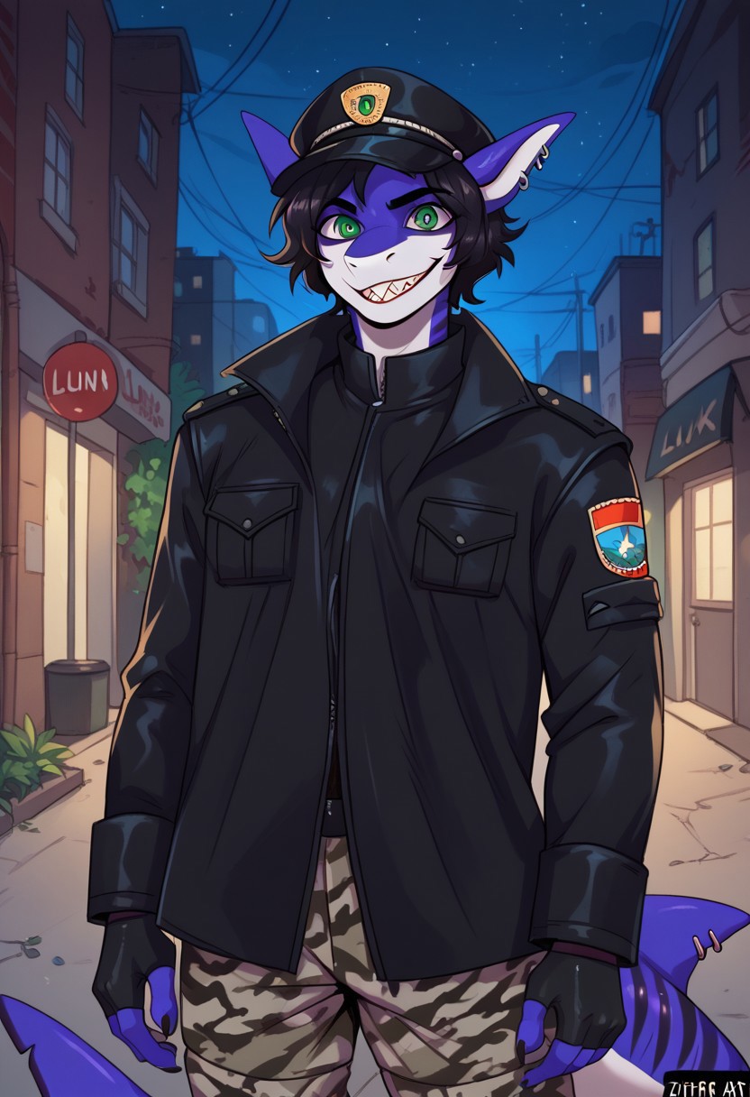 ziffir_stylepxl,  score_9, score_8_up, score_7_up, 1boy, solo, lunarsunxl, anthro shark,dark blue skin, stripes on the body, short hair,lush hair,black hair, green eyes, shark tail, ear piercing, BREAK, black officer's cap of the USSR soldiers, long black leather raincoat, black fingerless gloves, camouflage pants, looks at the viewer, predatory gaze, crazy eyes, wide smile, shark teeth, bloody face, holds a mauser pistol in his hands, background night alley of the city, night, dark atmosphere, horror
