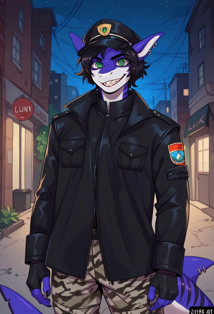 ziffir_stylepxl, score_9, score_8_up, score_7_up, 1boy, solo, lunarsunxl, anthro shark,dark blue skin, stripes on the body, short hair,lush hair,black hair, green eyes, shark tail, ear piercing, BREAK, black officer's cap of the USSR soldiers, long black leather raincoat, black fingerless gloves, camouflage pants, looks at the viewer, predatory gaze, crazy eyes, wide smile, shark teeth, bloody face, holds a mauser pistol in his hands, background night alley of the city, night, dark atmosphere, horror