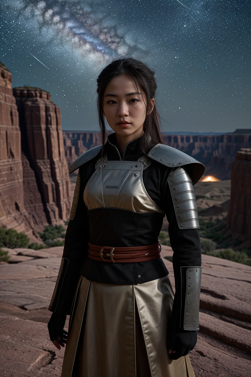 female samurai warrior, during a meteor shower with streaks of light, vast canyon system with intricate rock layers in background. Award-winning, professional, highly detailed. <lora:picxer_real:0.7>, (HDR, High Dynamic Range, vibrant colors, high contrast, detailed, UltraHD, 8K, cinematic, 80mm, high detail)