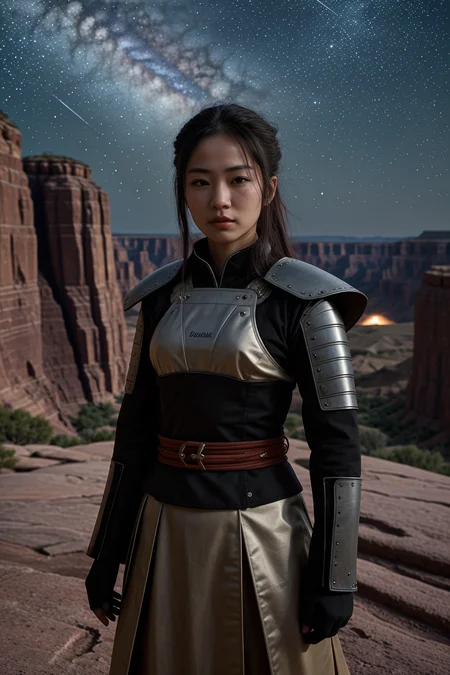 female samurai warrior,  during a meteor shower with streaks of light, vast canyon system with intricate rock layers in background. Award-winning, professional, highly detailed. <lora:picxer_real:0.7>, (HDR, High Dynamic Range, vibrant colors, high contrast, detailed, UltraHD, 8K, cinematic, 80mm, high detail)