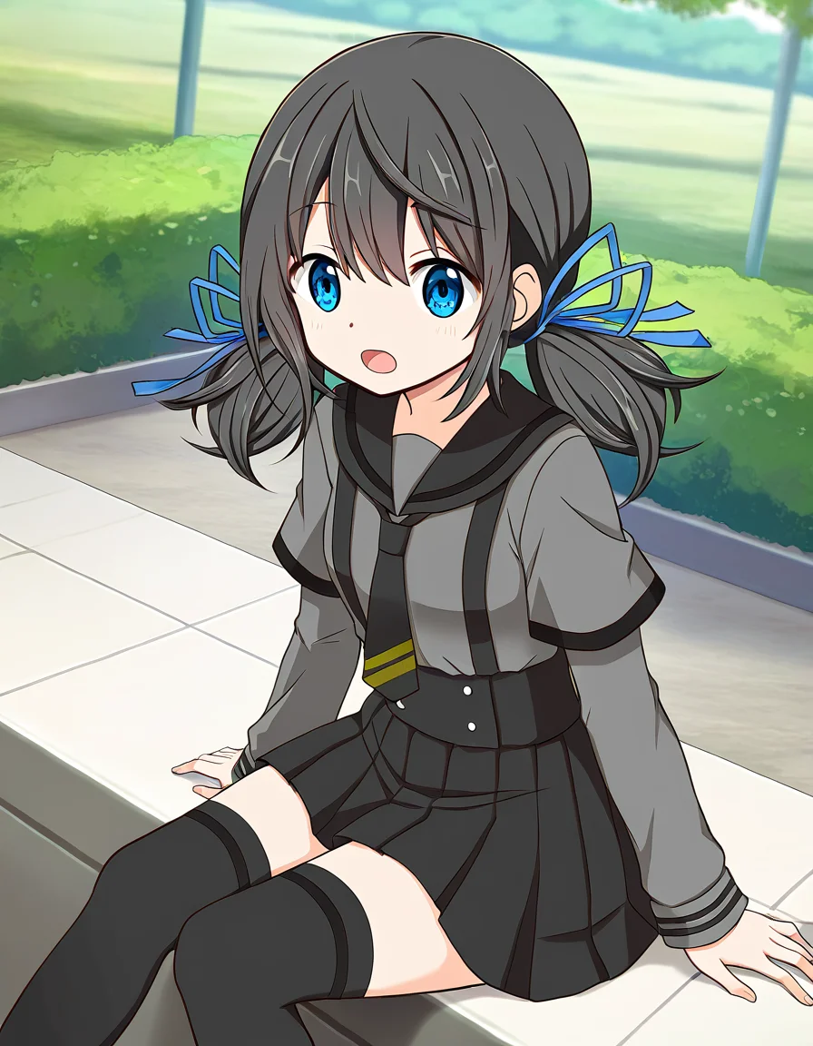 masterpiece, best quality, newest, absurdres, highres, safe, 1girl, chiaki riko \(school uniform\), magia record: mahou shoujo madoka magica gaiden, low twintails, hair ribbon, black tie, thighhighs, solo, sitting, open mouth, outdoors, dutch angle, <lora:chiaki_riko_noobaiXLNAIXL_vPred10Version:0.7>