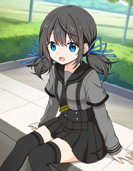 masterpiece, best quality, newest, absurdres, highres, safe, 1girl, chiaki riko \(school uniform\), magia record: mahou shoujo madoka magica gaiden, low twintails, hair ribbon, black tie, thighhighs, solo, sitting, open mouth, outdoors, dutch angle, <lora:chiaki_riko_noobaiXLNAIXL_vPred10Version:0.7>